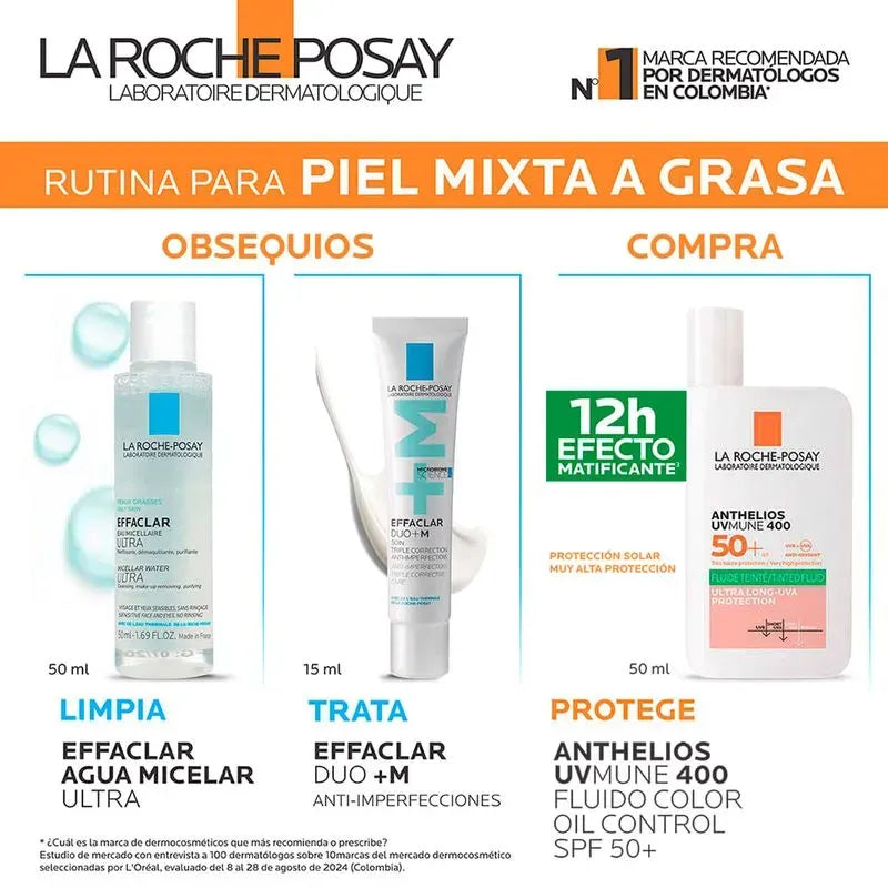 La Roche Posay Kit Anthelios Fluido SPF50+ con Color x50ml + Effaclar Agua Micelar Ultra x50ml + Effaclar Duo+M x15ml