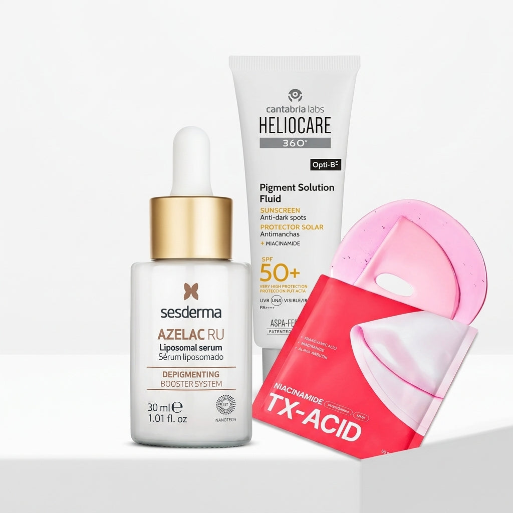 Kit Antimanchas e Iluminación: Sesderma Azelac RU Sérum x30ml + Heliocare 360° Pigment Solution SPF50+ x50ml + from medi+ Mascarilla Hidrogel TXA x1