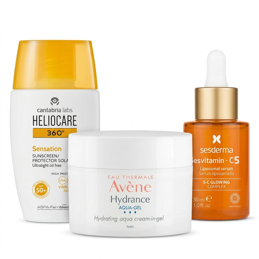 Kit Luminosidad e Hidratación: Sesderma Sesvitamin-C 5 x30ml + Avène Hydrance Aqua-Gel x50ml + Heliocare 360° Sensation SPF50+ x50ml