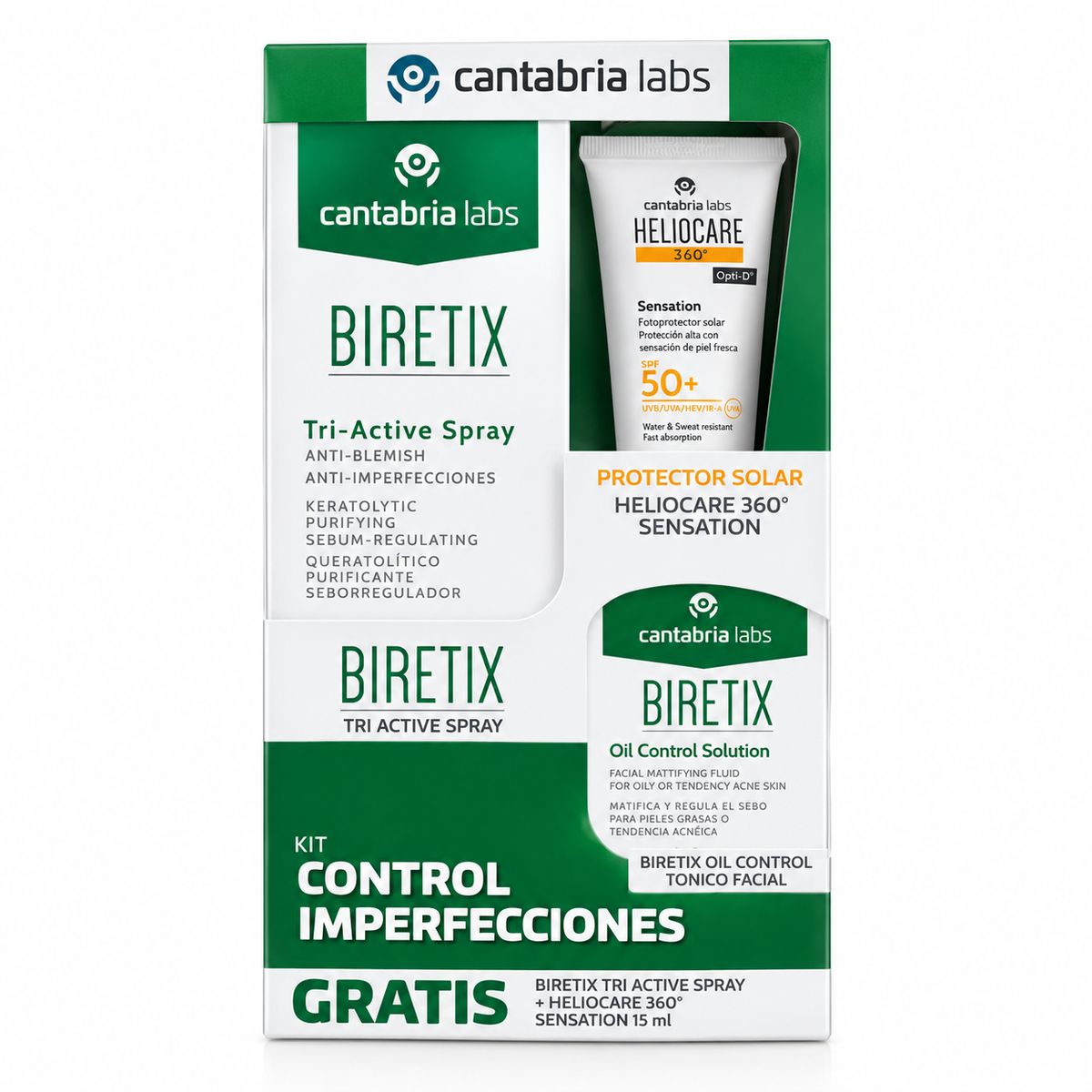 KIT BIRETIX Triactive Spray + Oil Control Solution+ Heliocare 360° Sensation 15ml