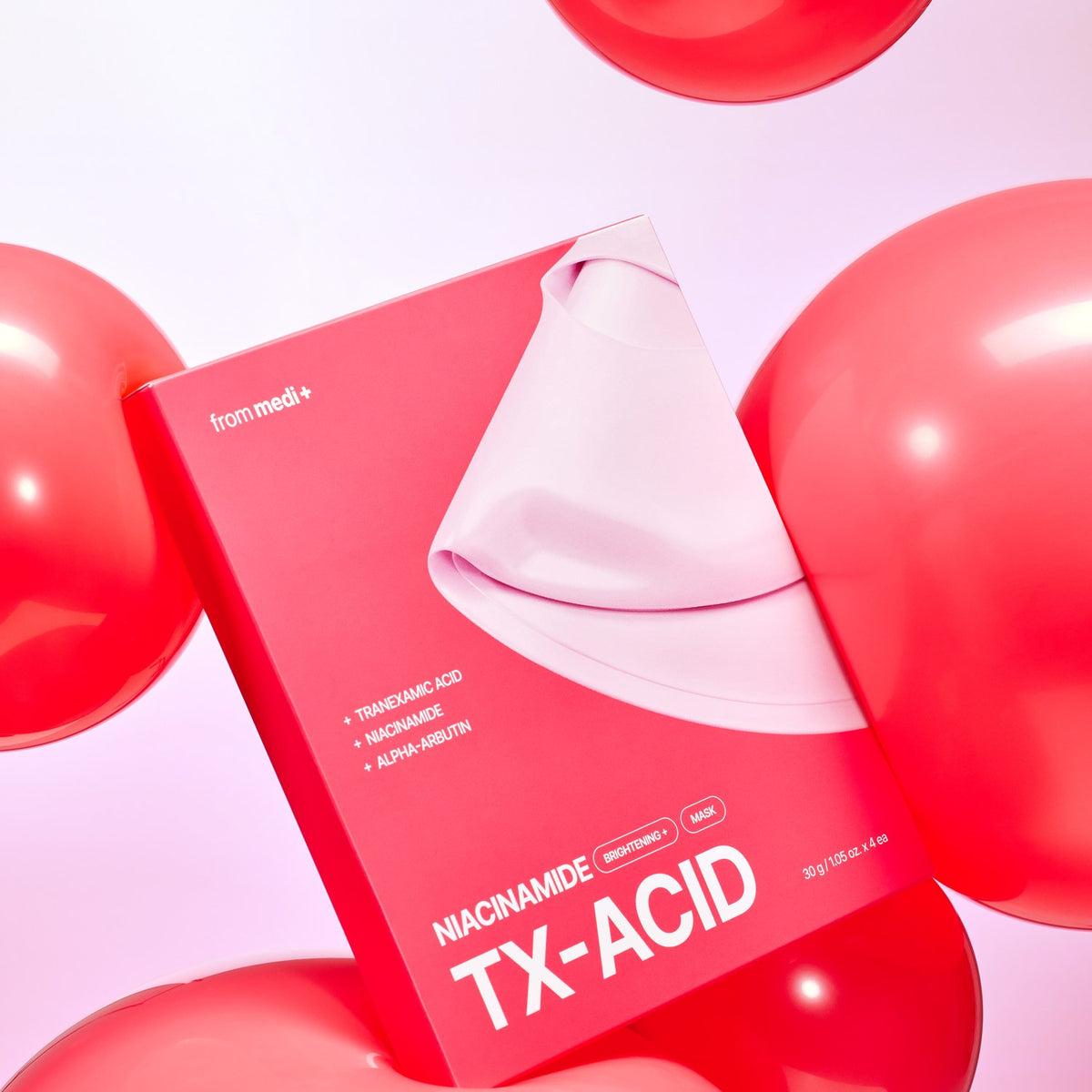 from medi+ TXA Niacinamide Brightening Mask, caja x 4 sachets de mascarilla hidrogel iluminadora