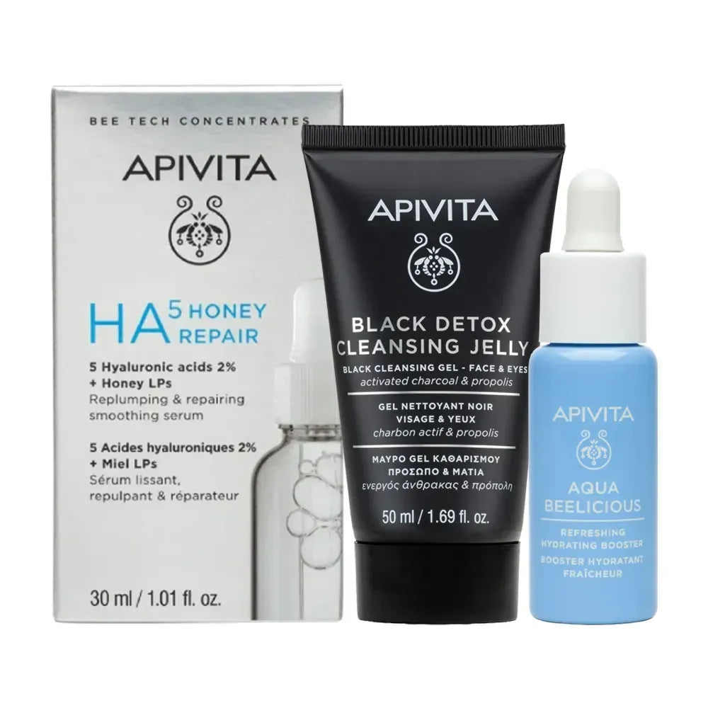 Apivita pack Reparación e Hidratación para Mamá (HA5Honey Repair-Black Detox-Aqua Beelicious)