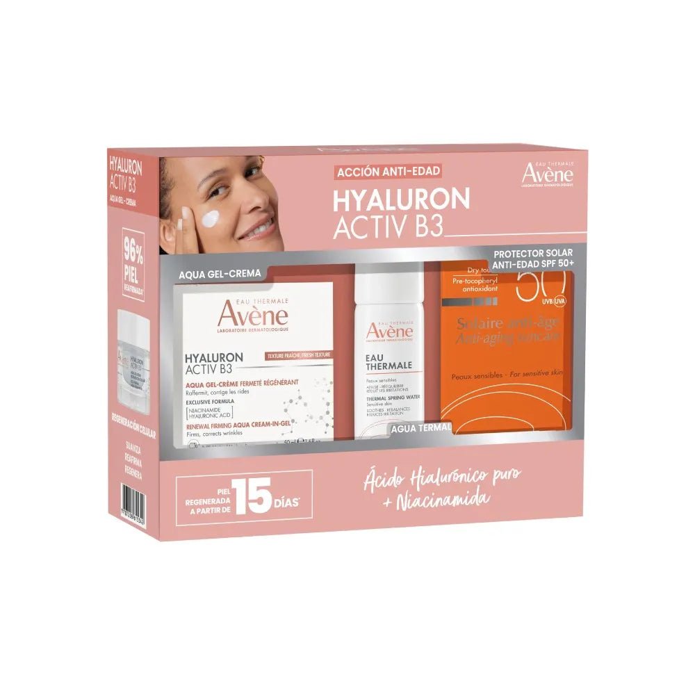 Kit Antiedad Avene Hyaluron Activ B3 Aqua - Gel Crema x50ml + Fotoprotector Antiedad SPF50+ x50ml + Agua Termal x50ml - TIENDA PIEL