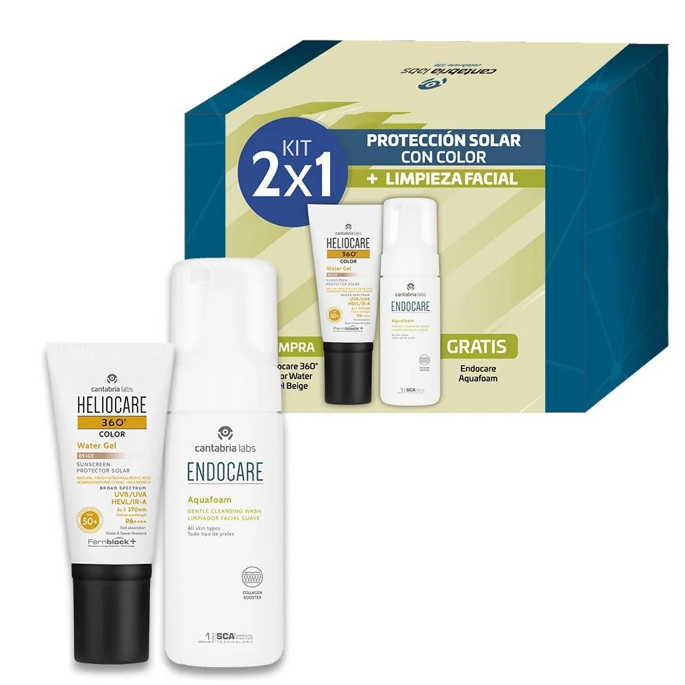 Kit Heliocare 360° Water Gel Color Beige SPF50+ x50ml Gratis Endocare Aquafoam x125ml - TIENDA PIEL