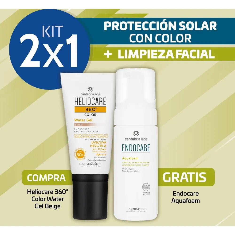 Kit Heliocare 360° Water Gel Color Beige SPF50+ x50ml Gratis Endocare Aquafoam x125ml - TIENDA PIEL