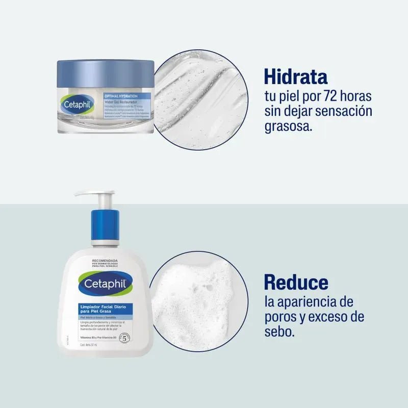 Kit Piel Grasa Cetaphil Limpiador Piel Grasa x237ml + Optimal Hydration Water Gel x48g - TIENDA PIEL