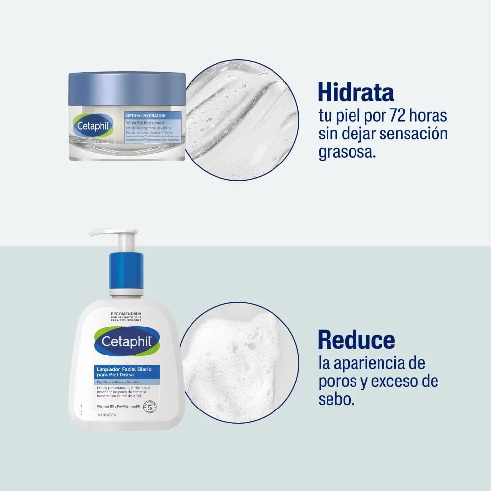 Kit Piel Grasa Cetaphil Limpiador Piel Grasa x237ml + Optimal Hydration Water Gel x48g - TIENDA PIEL