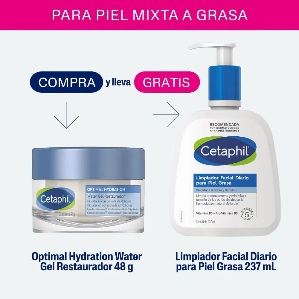 Kit Piel Grasa Cetaphil Limpiador Piel Grasa x237ml + Optimal Hydration Water Gel x48g - TIENDA PIEL