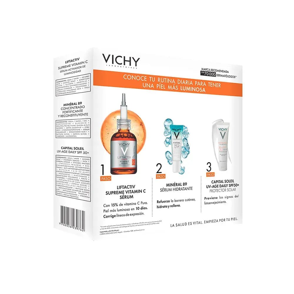 Kit Rutina Vitamina C Vichy Liftactiv Sérum Vitamina C x20ml + Mineral 89 Booster Diario x10ml + Capital Soleil SPF50+ x15ml - TIENDA PIEL