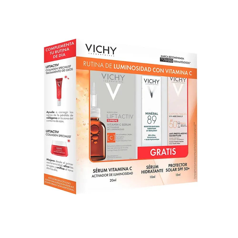 Kit Rutina Vitamina C Vichy Liftactiv Sérum Vitamina C x20ml + Mineral 89 Booster Diario x10ml + Capital Soleil SPF50+ x15ml - TIENDA PIEL