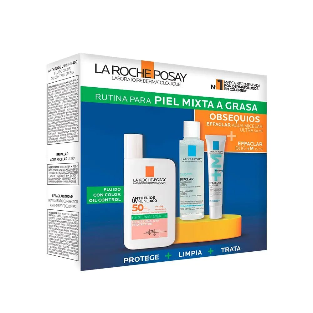 La Roche Posay Kit Anthelios Fluido SPF50+ con Color x50ml + Effaclar Agua Micelar Ultra x50ml + Effaclar Duo+M x15ml - TIENDA PIEL