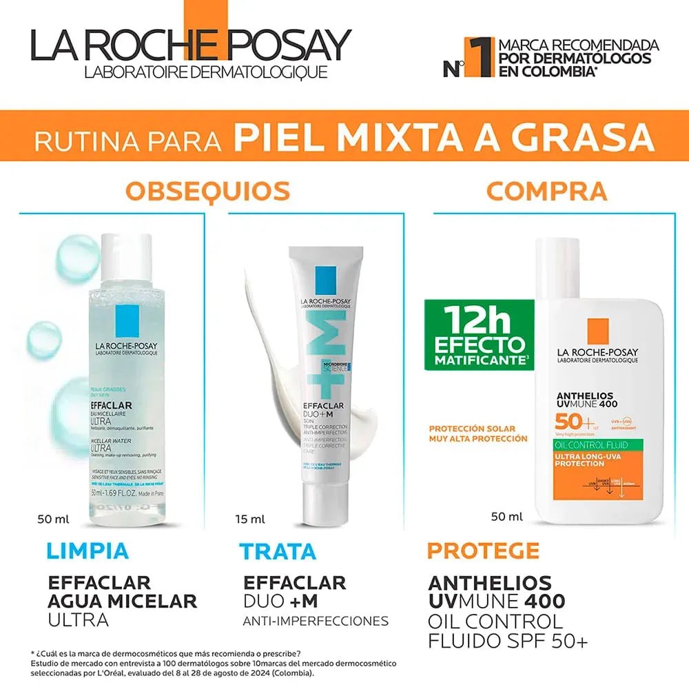 La Roche Posay Kit Anthelios Fluido SPF50+ x50ml + Effaclar Agua Micelar Ultra x50ml + Effaclar Duo+M x15ml - TIENDA PIEL