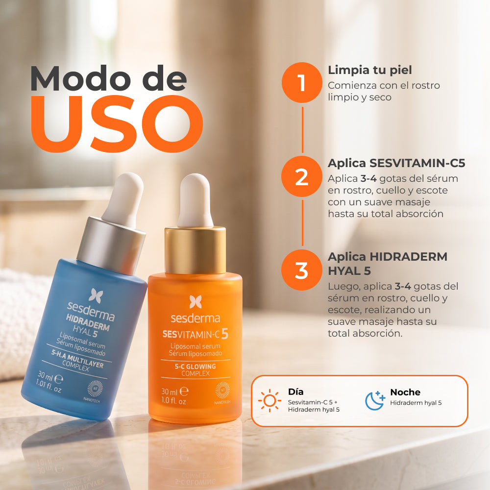 Modo de uso del kit Sesderma Sesvitamin-C 5 + Hidraderm Hyal 5